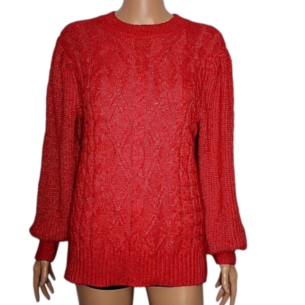 Crown & Ivy Sweater Womens Size PL Red white ribbed balloon sleeve‎ soft